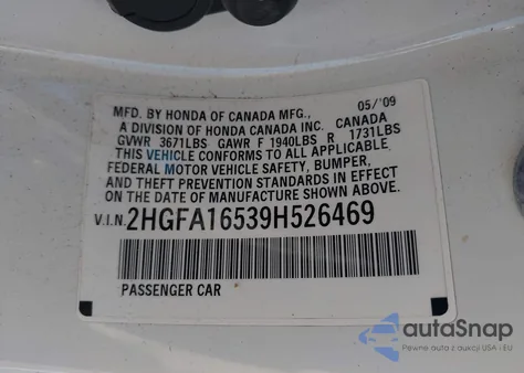 2009 Honda Civic Lx из США, поврежденный, VIN 2HGFA16539H526469